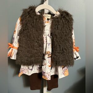 Marie Nicole Brown Faux Fur Vest with Halloween Shirt and Pants Outfit NWT